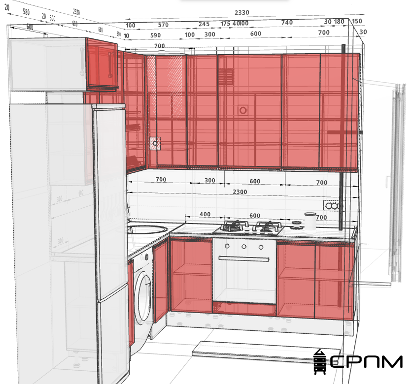 3d-proekt-kutovoyi-kuhni-po-zamiram Інженерний 3D проєкт кутової кухні з розставленими розмірами модулів після замірів