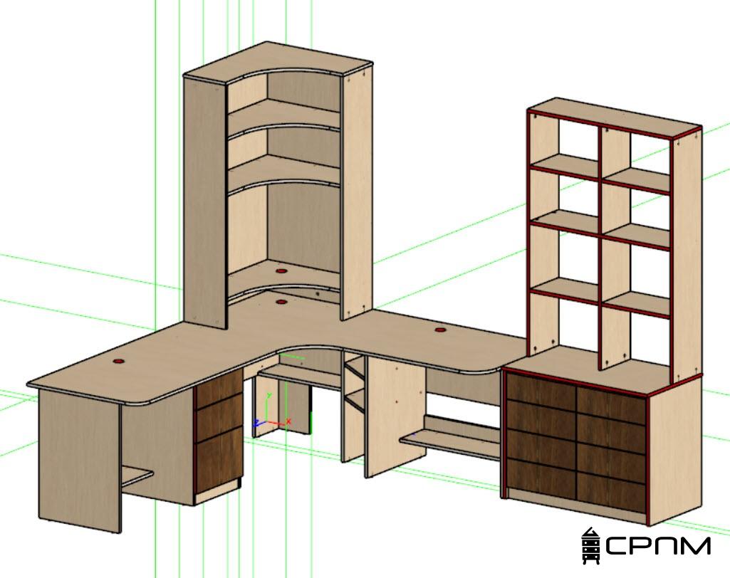 3D проєктування кутового робочого столу з полицями та великим комодом