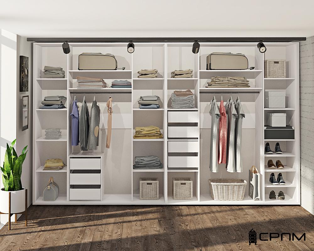 Вбудована біла гардеробна система відкритого типу з трековим підсвічуванням СРПМ